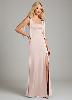 Azazie Frostine Bridesmaid Dresses Blushing Pink A-Line Bow Stretch Satin Dress image5