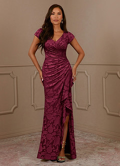 Azazie Roya Mother of the Bride Dresses Burgundy Mermaid Ruched Floral Burnout Dress image2