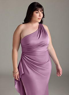 Azazie Latrice Bridesmaid Dresses Wisteria Sheath One Shoulder Cascading Ruffles Stretch Satin Dress image11