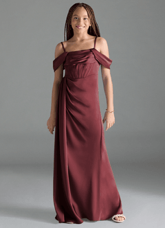 Azazie Amyra Junior Merlot Sheath Off the Shoulder Stretch Satin Dress image1