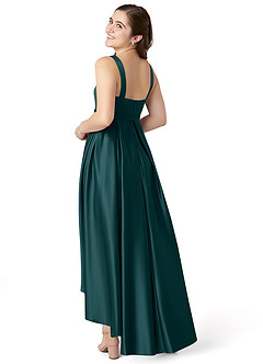 Azazie Inaya Junior Pine A-Line with Belt Stretch Satin Dress image4