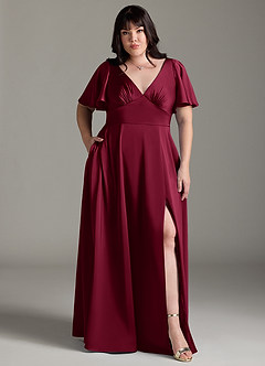 Azazie Kimber Bridesmaid Dresses Burgundy A-Line Ruched Stretch Satin Dress image7