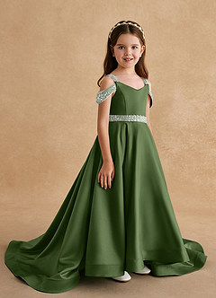 Azazie Jodi Flower Girl Dresses Olive A-Line Matte Satin Dress image3