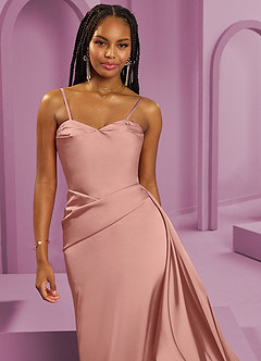 Barbie ♥ Azazie Vestidos de damas de honor Vestido de Rosetón de Satén Elástico de Corte Recto Convertible con Sin tirantes image4