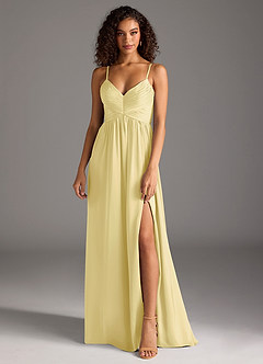 Azazie Alia Bridesmaid Dresses Lemon Sorbet A-Line Pleated Stretch Satin Dress image1
