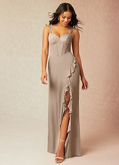Azazie Camellia Bridesmaid Dresses Taupe Sheath Lace Chiffon Dress image1