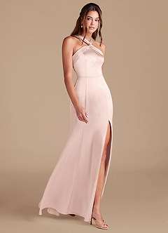 Azazie Rue Bridesmaid Dresses Blushing Pink Mermaid Pleated Metallic Satin Dress image4