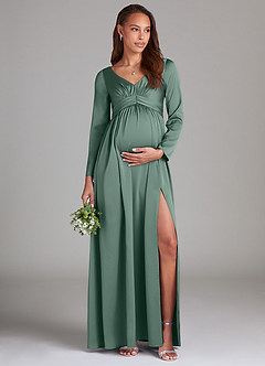Azazie Teton Final Sale A-Line Long Sleeve Stretch Satin Floor-Length Dress image1