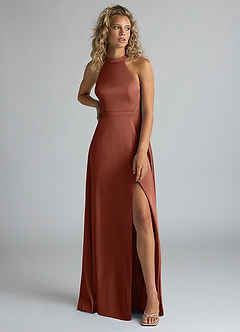 Azazie Clarice Bridesmaid Dresses Clay A-Line High Neck Stretch Satin Dress image5
