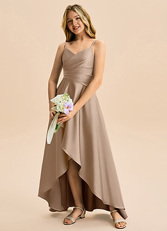 Azazie Eirlys Junior A-Linie Plissee Stretch-Satin Kleid Taupe image4