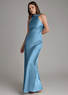 Azazie Dimitra Bridesmaid Dresses Steel Blue Sheath Pleated Stretch Satin Dress image6