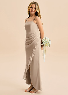 Azazie Buzzy Junior Taupe Sheath Pleated Chiffon Dress image1