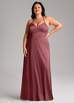 Azazie Mei Robes de demoiselle d'honneur Robe Trapèze en Satin extensible Col en V Rose Du Désert image7
