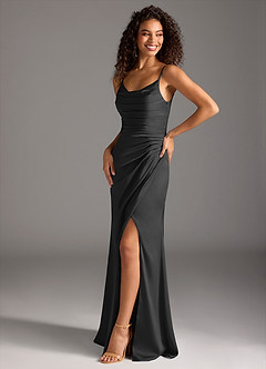 Azazie Deandra Bridesmaid Dresses Black Mermaid Pleated Stretch Satin Dress image6