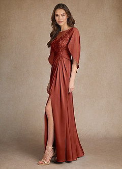Azazie Hera Mother of the Bride Dresses Terracotta A-Line Lace Stretch Satin Dress image2