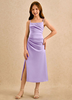 Azazie Canna Girls Formal Blumenmädchenkleider A-Linie Plissee Stretch-Satin Kleid Flieder image4