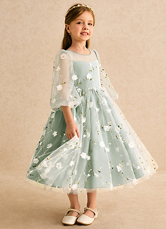 Azazie Elowen vestidos de niña de las flores Vestido Salvia Polvorienta de Encaje de Línea A con Escote corazón image4