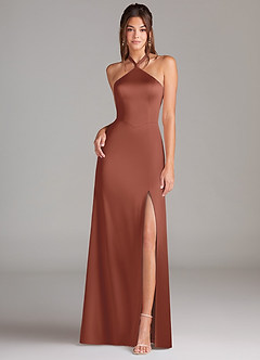 Azazie Elliana Bridesmaid Dresses Auburn A-Line Side Slit Stretch Satin Dress image4