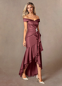Azazie Billings Moeder van de bruid jurken Zeemeermin Jurk van Stretch Satijn Off the Shoulder Merlot image6
