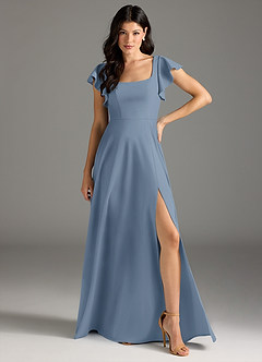 Azazie Bondi Bridesmaid Dresses Dusty Blue A-Line Ruched Stretch Crepe Dress image2