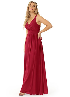 Azazie Kora Robes de demoiselle d'honneur Robe Trapèze en Mousseline de soie Plissée Écarlate image4