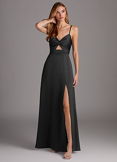 Azazie Jenna Bridesmaid Dresses Black A-Line Pleated Stretch Satin Dress image1