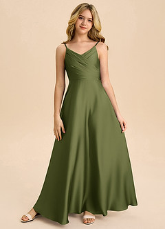 Azazie Bug Junior Olive A-Line Pleated Stretch Satin Dress image5