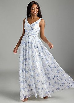 Azazie Keyla Bridesmaid Dresses Blue Cottage Floral A-Line V-Neck Pleated Chiffon Dress image1