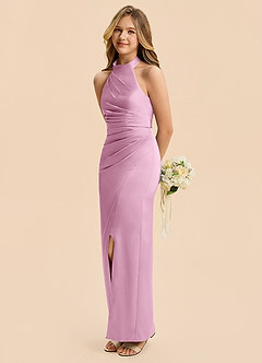Azazie Jemma Junior Candy Pink Sheath Ruched Stretch Satin Dress image5
