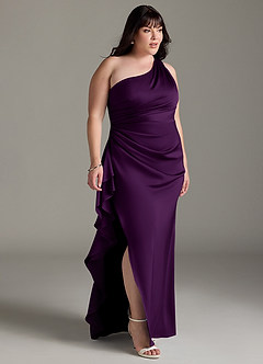 Azazie Latrice Bridesmaid Dresses Grape Sheath One Shoulder Cascading Ruffles Stretch Satin Dress image9