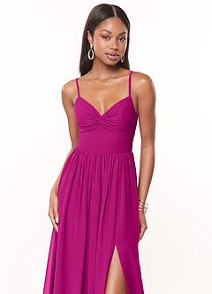 Azazie Zeya Vestidos de damas de honor Vestido de Fucsia de Gasa de Corte En A con Cuello en V plisado image5