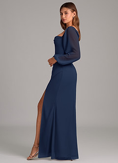 Azazie Brixley Robes de demoiselle d'honneur Robe Sirène en Mousseline de soie Manche longue Bleu Marine Foncé image3