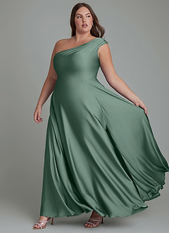Azazie Melanie Bridesmaid Dresses Eucalyptus A-Line Off the Shoulder Stretch Satin Dress image10