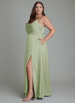 Azazie Sarella Robes de demoiselle d'honneur Robe Trapèze en Satin extensible Plissé Vert Sauge image11