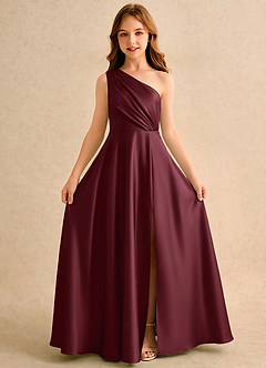 Azazie Puddles Girls Formal Robe Demoiselle D'honneur Fillette Robe Trapèze en Satin extensible Une épaule Cabernet image5
