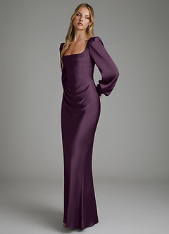 Azazie Brianna Vestidos de damas de honor Vestido Ciruela de Satén Elástico de Corte Sirena con Corsé image6