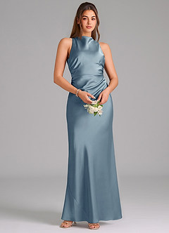 Azazie Evadne Robes de demoiselle d'honneur Robe Trapèze en Satin extensible Plissée Bleu Poussiéreux image6