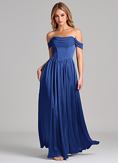 Azazie Raisa Bridesmaid Dresses Royal Blue A-Line Off the Shoulder Stretch Satin Dress image3