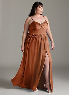 Azazie Zeya Bridesmaid Dresses Copper A-Line Pleated Stretch Satin Dress image12