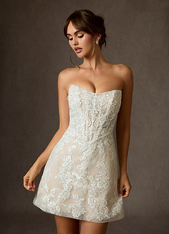 Azazie Winter Wedding Dresses Diamond White Champagne A-Line Strapless Lace Dress image8