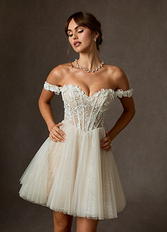 Azazie Sorel Hochzeitskleider Ballkleid Schulterfrei Spitze Kleid Diamantweiß Nude image5