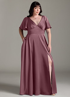 Azazie Kimber Bridesmaid Dresses Amethyst A-Line Ruched Stretch Satin Dress image9