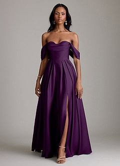 Azazie Loisa Vestidos de damas de honor Vestido de Uva de Satén Elástico de Corte en A con Vestidos sin tirantes image7