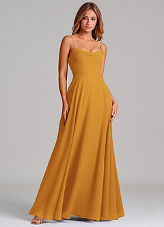 Azazie Elle Robes de demoiselle d'honneur Robe Trapèze en Mousseline de soie Plissée Caramel écossais image3