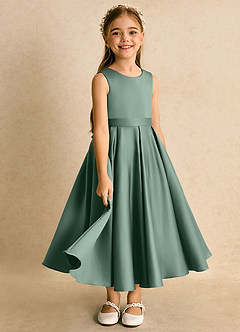 Azazie Junebuj Robe Demoiselle D'honneur Fillette Robe Princesse en Mat Satiné Plissée Eucalyptus image2