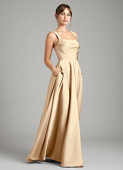 Azazie Shaude Bridesmaid Dresses Champagne A-Line Pleated Stretch Satin Dress image6