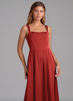 Azazie Rosaline Robes de demoiselle d'honneur Robe Trapèze en Satin extensible Fente Latérale Grenade image6