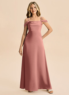 Azazie Lettie Junior A-linja Olkapään ulkopuolella Joustava satiini Lattian pituus Nuorempi morsiusneito Pukeutua image4