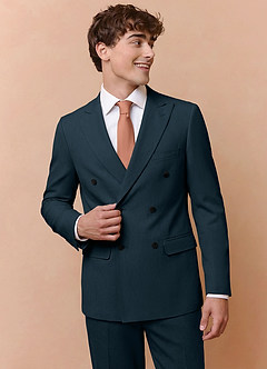 front Collins Teal Double Breasted Wool Blend Suit Jacket