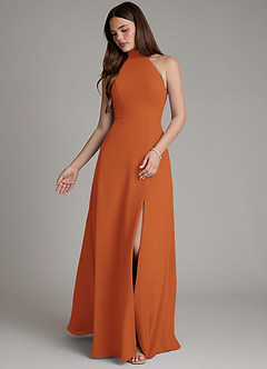 Azazie Myra Bridesmaid Dresses Cinnamon A-Line High Neck Chiffon Dress image4